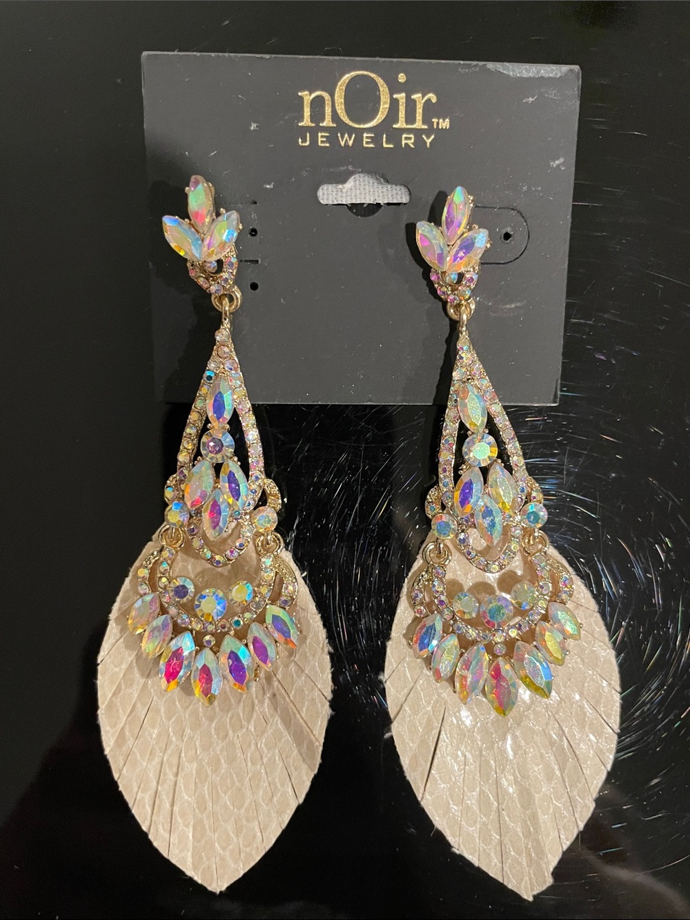 nOir Jewelry Gold Iridescent Crystal & Leather Drop Earrings